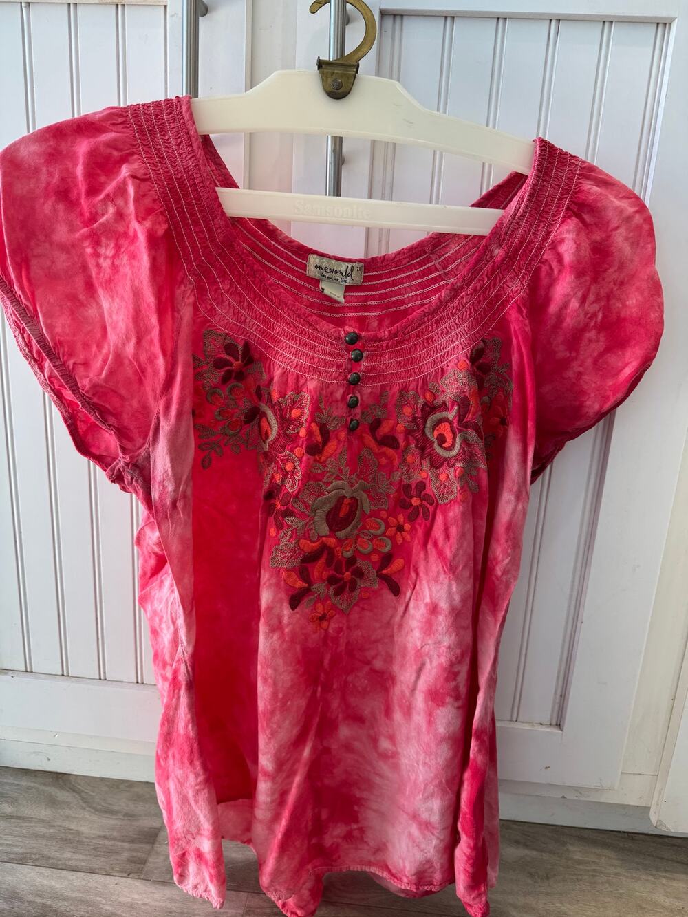 Blouse W XL Peasant Top Pink Floral Embroidery Round Neck Preowned